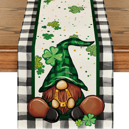 Buffalo Plaid Shamrock Gnome St. Patrick's Day Table Runner, Seasonal Spring Holiday Kitchen Dining Table Decoration for Indoor Outdoor Home Party Decor 13 x 72 Inch.