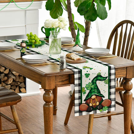 Buffalo Plaid Shamrock Gnome St. Patrick's Day Table Runner, Seasonal Spring Holiday Kitchen Dining Table Decoration for Indoor Outdoor Home Party Decor 13 x 72 Inch.