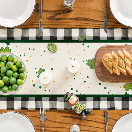 Buffalo Plaid Shamrock Gnome St. Patrick's Day Table Runner, Seasonal Spring Holiday Kitchen Dining Table Decoration for Indoor Outdoor Home Party Decor 13 x 72 Inch.