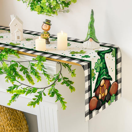 Buffalo Plaid Shamrock Gnome St. Patrick's Day Table Runner, Seasonal Spring Holiday Kitchen Dining Table Decoration for Indoor Outdoor Home Party Decor 13 x 72 Inch.