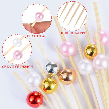 100 Pcs Pearl Toothpicks for Appetizers, 4.7 Inch Pearl Cocktail Picks for Party Decoration, Appetizer Skewers for Charcuterie Sandwich Burgers Fruit Drinks Party (Pink).
