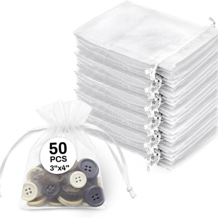 50 White Organza Bags 3''x4'' - Small Organza Sachet Jewelry Gift Favor Bags Drawstring Mesh Valentines Wedding Eid Mubarak Halloween Eve Christmas New Year Party Candy Fruit Wrap Bulk.
