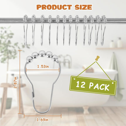 12 Shower Curtain Hooks, Suitable for Bathroom Shower rods for Rust-Proof Decorative Stainless Steel Shower Curtain Hooks, Silver.