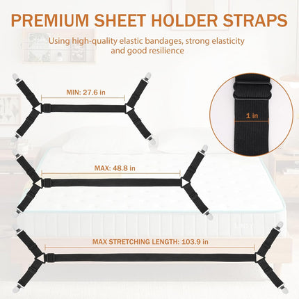 Bed Sheet Holder Straps, 2Pcs Elastic Adjustable Bed Sheet Grippers,Fitted Sheet Holder Keep Sheets in Place, Enhance Sleep Experience, Black.