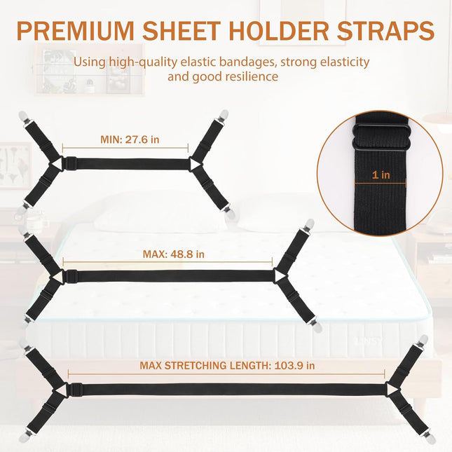 Bed Sheet Holder Straps, 2Pcs Elastic Adjustable Bed Sheet Grippers,Fitted Sheet Holder Keep Sheets in Place, Enhance Sleep Experience, Black.