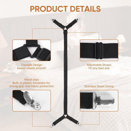 Bed Sheet Holder Straps, 2Pcs Elastic Adjustable Bed Sheet Grippers,Fitted Sheet Holder Keep Sheets in Place, Enhance Sleep Experience, Black.
