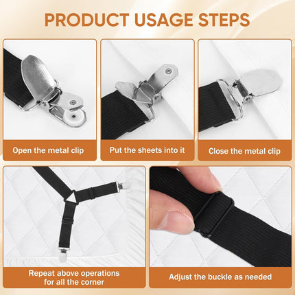 Bed Sheet Holder Straps, 2Pcs Elastic Adjustable Bed Sheet Grippers,Fitted Sheet Holder Keep Sheets in Place, Enhance Sleep Experience, Black.