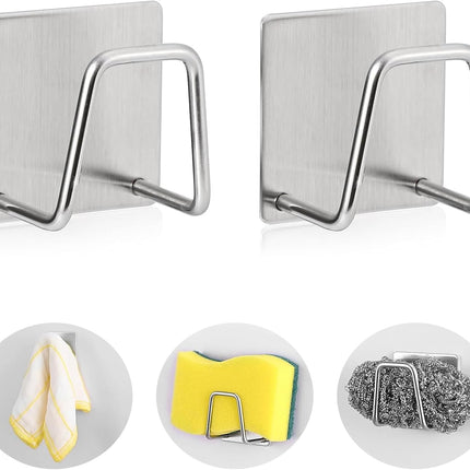2-Pack Stainless Steel Sponge Holder for Kitchen Sink - Rustproof Brushed SUS304 Sponge Caddy Organizer, Wall/Surface Mount, Drainage Design, Clutter-Free Storage.