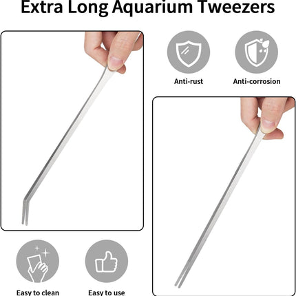 2PCS Long Aquarium Tweezers - 10.6" Straight and Curved Tweezers, Stainless Steel Reptile Feeding tongs, Terrarium Aquascape Tools Feeder for Lizards, Bearded Dragon Snake Tank Accessories.