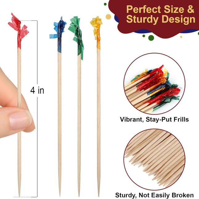 Cocktail Picks, Colored Frill Fancy Wooden Toothpicks for Appetizers Sandwich Drinks Fruit, 4 Inch Decorative Bamboo Skewers Food Sticks, Charcuterie Boards Accessories Party Supplies - 500.