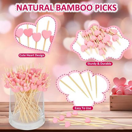 Pink Heart Cocktail Picks, Valentines Galentines Day Decorations Toothpicks for Appetizers, 4.7 IN Long Fancy Bamboo Food Skewers Wooden Charcuterie Sticks for Drinks Party Supplies Wedding Decor 100.