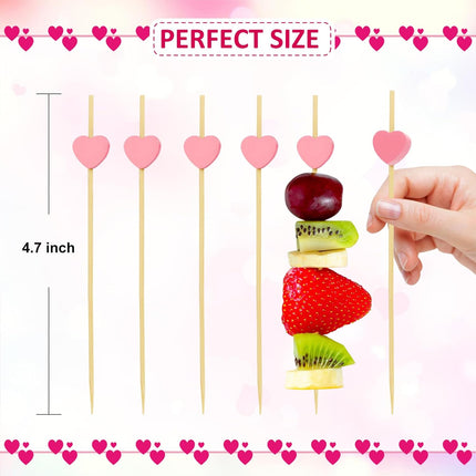Pink Heart Cocktail Picks, Valentines Galentines Day Decorations Toothpicks for Appetizers, 4.7 IN Long Fancy Bamboo Food Skewers Wooden Charcuterie Sticks for Drinks Party Supplies Wedding Decor 100.