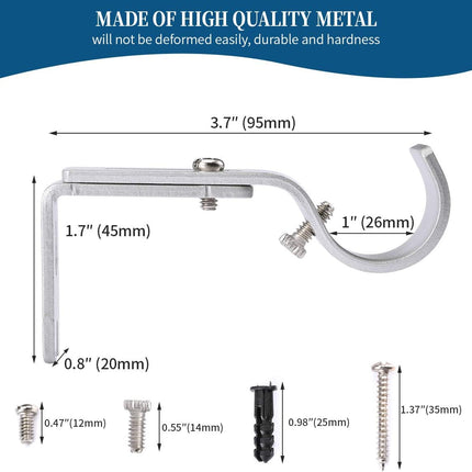 Heavy Duty Adjustable Curtain Rod Brackets Rod Holders for 1 Inch Rod, Silver Color, (Set of 2).