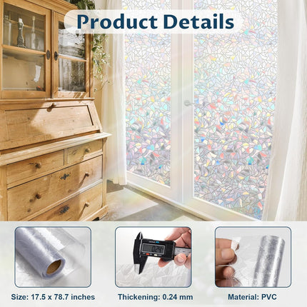 Rainbow Window Privacy Film Non-Adhesive Sun Blocking Reusable and Removable Glass Film Door Coverings for Bathroom, Home, Office, 17.5 x 78.7 Inch.