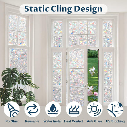 Rainbow Window Privacy Film Non-Adhesive Sun Blocking Reusable and Removable Glass Film Door Coverings for Bathroom, Home, Office, 17.5 x 78.7 Inch.