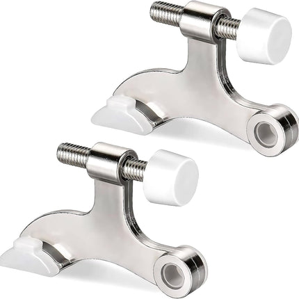 Hinge Pin Door Stopper, 2 Pcs Heavy Duty Hinge Pin Stopper, Adjustable Door Stopper with White Rubber Bumper Tips, Striking Wall Dents from Door Knobs, Silver.