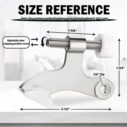 Hinge Pin Door Stopper, 2 Pcs Heavy Duty Hinge Pin Stopper, Adjustable Door Stopper with White Rubber Bumper Tips, Striking Wall Dents from Door Knobs, Silver.