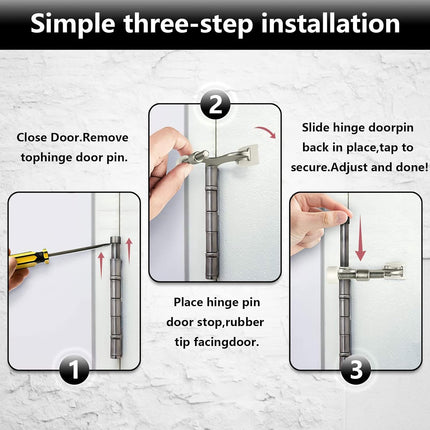 Hinge Pin Door Stopper, 2 Pcs Heavy Duty Hinge Pin Stopper, Adjustable Door Stopper with White Rubber Bumper Tips, Striking Wall Dents from Door Knobs, Silver.