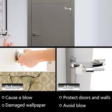 Hinge Pin Door Stopper, 2 Pcs Heavy Duty Hinge Pin Stopper, Adjustable Door Stopper with White Rubber Bumper Tips, Striking Wall Dents from Door Knobs, Silver.