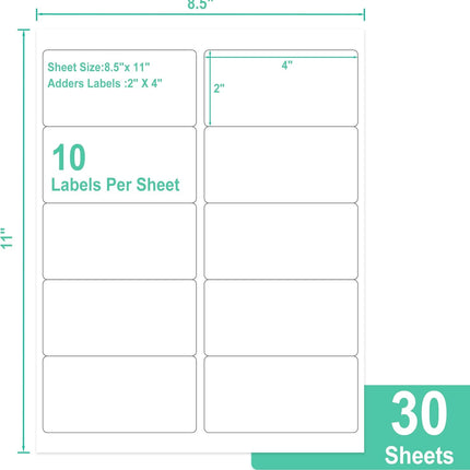 30 Sheets 10 per Page Label Papers, 2 x 4 in Shipping Address Mailing Labels, Printable White Sticker Labels for Inkjet & Laser Printer - Matte.