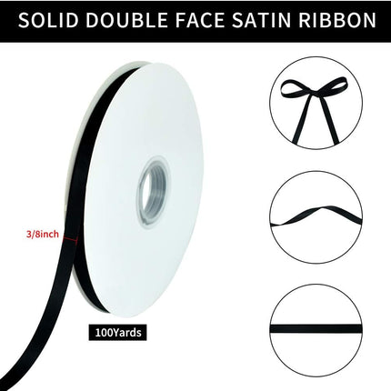 3/8 Inch x 100yds Black Satin Ribbon Thin Solid Fabric Ribbons Roll for Gift Wrapping Invitation Floral Hair Balloons Craft Sewing Party Wedding Halloween Decoration Valentine's Day Bouquet.
