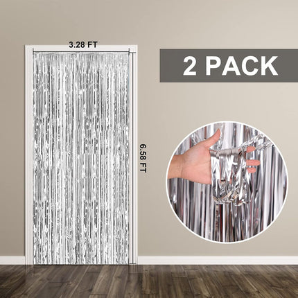 2 Pack Foil Curtain Backdrop Silver Metallic Tinsel Foil Fringe Curtains Photo Booth Props for Birthday Wedding Engagement Baby Shower Bachelorette Christmas Holiday Celebration Party Decorations.