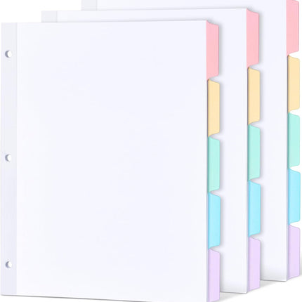 Blank Writable Binder Dividers, 1/5 Cut Tabs, 3 Hole Punch Dividers with Reinforced Edge, Binder Dividers with Multicolor Tabs, Letter Size, 3 Sets, 15 Dividers.