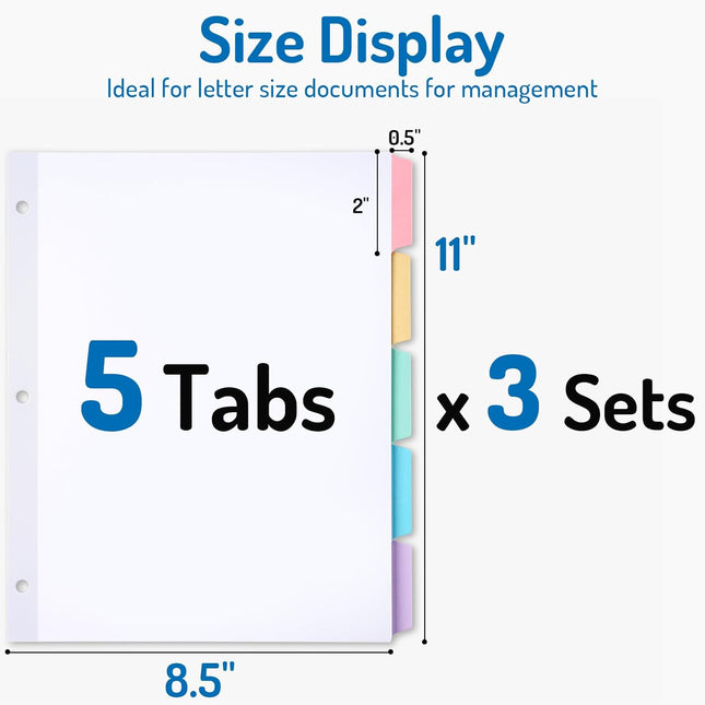 Blank Writable Binder Dividers, 1/5 Cut Tabs, 3 Hole Punch Dividers with Reinforced Edge, Binder Dividers with Multicolor Tabs, Letter Size, 3 Sets, 15 Dividers.