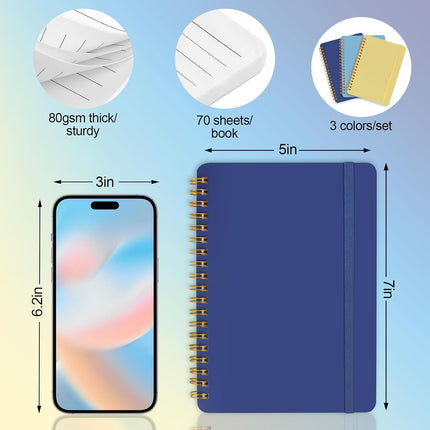 3 PCS Small Spiral Notebook 5x7, Notebooks for Note Taking, Blue Color Scheme Spiral Journal Notebook, Work Notebook Small Notebooks 5x7 with Strap, Cute Notebooks for Women 70 Sheets/Note Books.