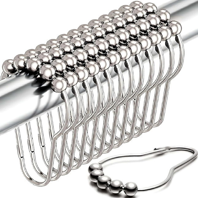 Shower Curtain Hooks Rust Proof (Set of 12) - Stainless Steel Shower Curtain Rings - Anti Slip Roller Balls for Easy Glide (Secure Lock Hooks, Polished Nickel).
