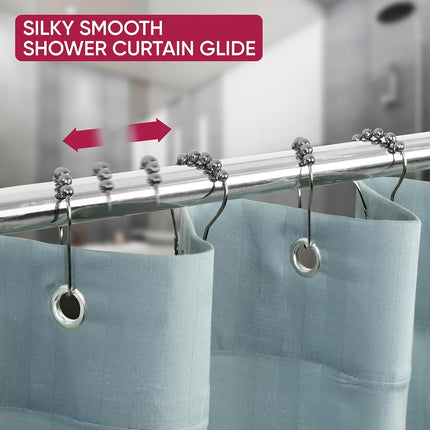 Shower Curtain Hooks Rust Proof (Set of 12) - Stainless Steel Shower Curtain Rings - Anti Slip Roller Balls for Easy Glide (Secure Lock Hooks, Polished Nickel).