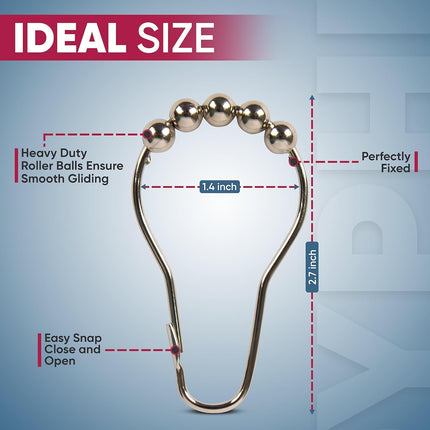Shower Curtain Hooks Rust Proof (Set of 12) - Stainless Steel Shower Curtain Rings - Anti Slip Roller Balls for Easy Glide (Secure Lock Hooks, Polished Nickel).