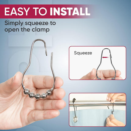 Shower Curtain Hooks Rust Proof (Set of 12) - Stainless Steel Shower Curtain Rings - Anti Slip Roller Balls for Easy Glide (Secure Lock Hooks, Polished Nickel).
