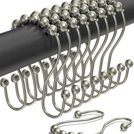 Shower Curtain Hooks Rust Proof (Set of 12) - Stainless Steel Shower Curtain Rings - Anti Slip Roller Balls for Easy Glide (Omega Double Hooks, Polished Nickel).