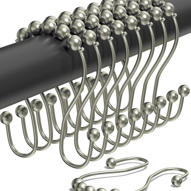 Shower Curtain Hooks Rust Proof (Set of 12) - Stainless Steel Shower Curtain Rings - Anti Slip Roller Balls for Easy Glide (Omega Double Hooks, Polished Nickel).