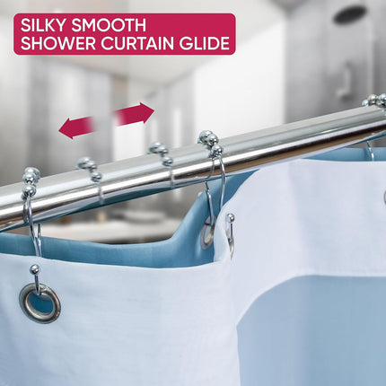 Shower Curtain Hooks Rust Proof (Set of 12) - Stainless Steel Shower Curtain Rings - Anti Slip Roller Balls for Easy Glide (Omega Double Hooks, Polished Nickel).