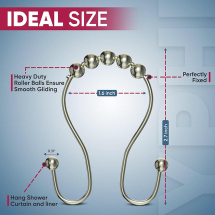 Shower Curtain Hooks Rust Proof (Set of 12) - Stainless Steel Shower Curtain Rings - Anti Slip Roller Balls for Easy Glide (Omega Double Hooks, Polished Nickel).