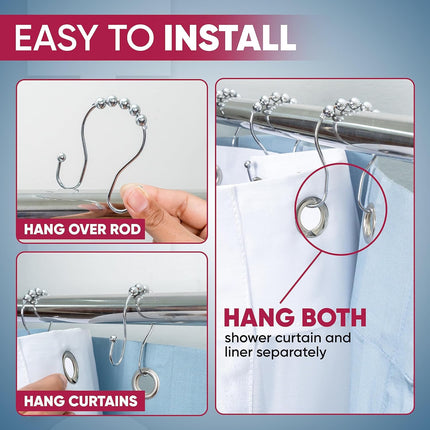Shower Curtain Hooks Rust Proof (Set of 12) - Stainless Steel Shower Curtain Rings - Anti Slip Roller Balls for Easy Glide (Omega Double Hooks, Polished Nickel).