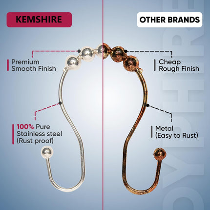Shower Curtain Hooks Rust Proof (Set of 12) - Stainless Steel Shower Curtain Rings - Anti Slip Roller Balls for Easy Glide (Omega Double Hooks, Polished Nickel).