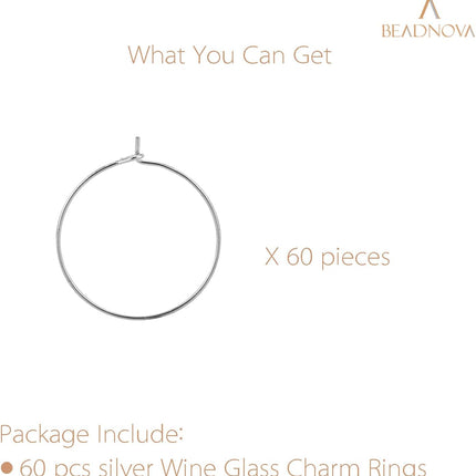 Wine Glass Charm Rings 60-120pcs Silver Plated 25mm Beading Charm Rings Wine Glass Marker for Birthday Party Wedding Festival Favor.