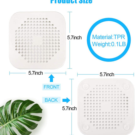 Square Drain Cover for Shower 5.7-inch TPR Drain Hair Catcher Flat Silicone Plug for Bathroom and Kitchen Filter Shower Drain Protection Flat Strainer Stopper with Suction Cups 2 Pack (White).