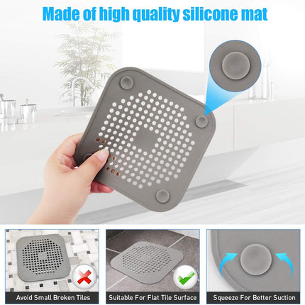 Square Drain Cover for Shower 5.7-inch TPR Drain Hair Catcher Flat Silicone Plug for Bathroom and Kitchen Filter Shower Drain Protection Flat Strainer Stopper with Suction Cups 2 Pack (White).