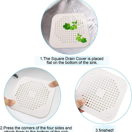 Square Drain Cover for Shower 5.7-inch TPR Drain Hair Catcher Flat Silicone Plug for Bathroom and Kitchen Filter Shower Drain Protection Flat Strainer Stopper with Suction Cups 2 Pack (White).