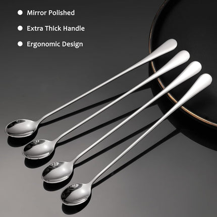 9.5-Inch Long Handle Iced Tea Spoon, Coffee Spoons, Ice Cream Spoons, Stainless Steel Cocktail Stirring Spoons, Set of 4.