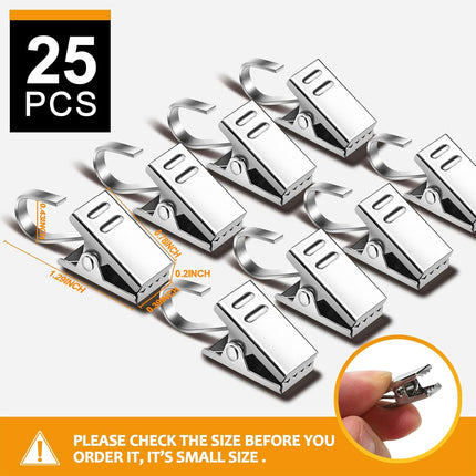 25 Pack Curtain Clips for Hanging Curtain Hooks, Stainless Steel Curtain Hooks with Clips, Small Hooks Clips for Camper Awning Light Photos Party Decorations.