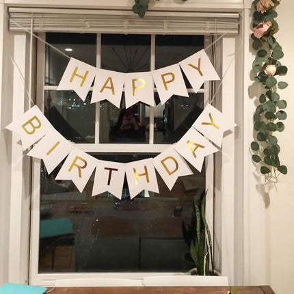 Happy Birthday Banner Birthday Party Supplies Garland Decorations Birthday Signs Nursery Hanging Decor (White).