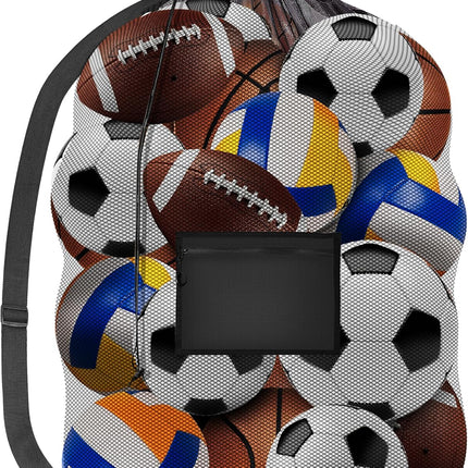 Mesh Ball Bag - Up to 15 Balls Large Capacity Sports Equipment Bag Carrier with Adjustable Strap and Drawstring Closure - For Soccer, Basketball, Volleyball.