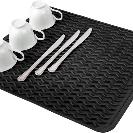Silicone Dish Drying Mat - Drain Hole, Non-Slip, Heat Resistant, Foldable. Great for Dishes, Kitchen Sink, Counter Top, Fridge Drawer Liner or Trivet for Hot Pots. (16" X 20" | Black).