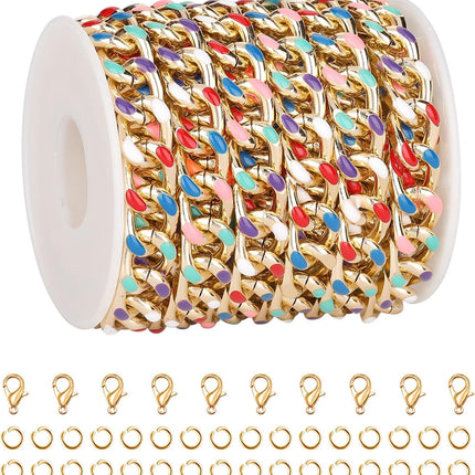 3M/9.8Ft Colorful Enamal Chain Bulk Gold Plated Chains for Jewelry Making Twist Cuban Jewelry Chain Roll with Lobster Clasps and Jump Rings for Women Men DIY Crafts.