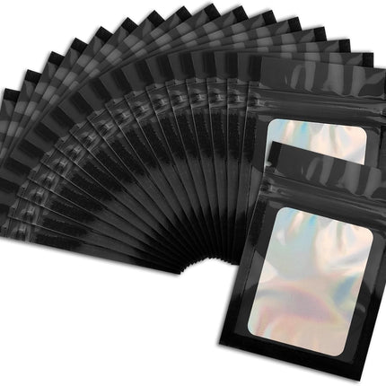 100 Pcs Black Mylar Bags 2.7x3.9 Inch with Clear Window - Holographic Resealable Foil Pouch Packaging for Food Storage, Jewelry, Lip Gloss, and Small Business Use.